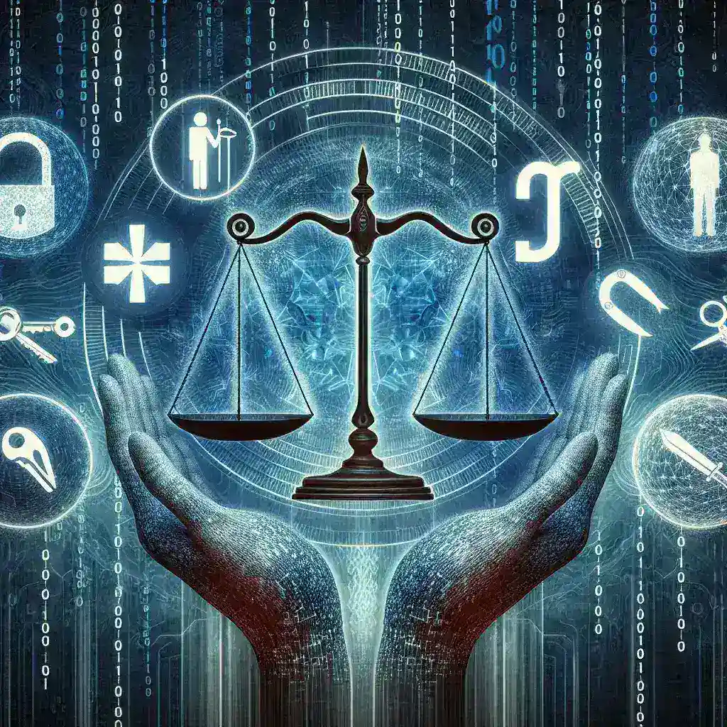 "Image depicting a person ethically hacking open-source software on a laptop, surrounded by code and security symbols, illustrating the ethical considerations and responsibilities in the open-source community."