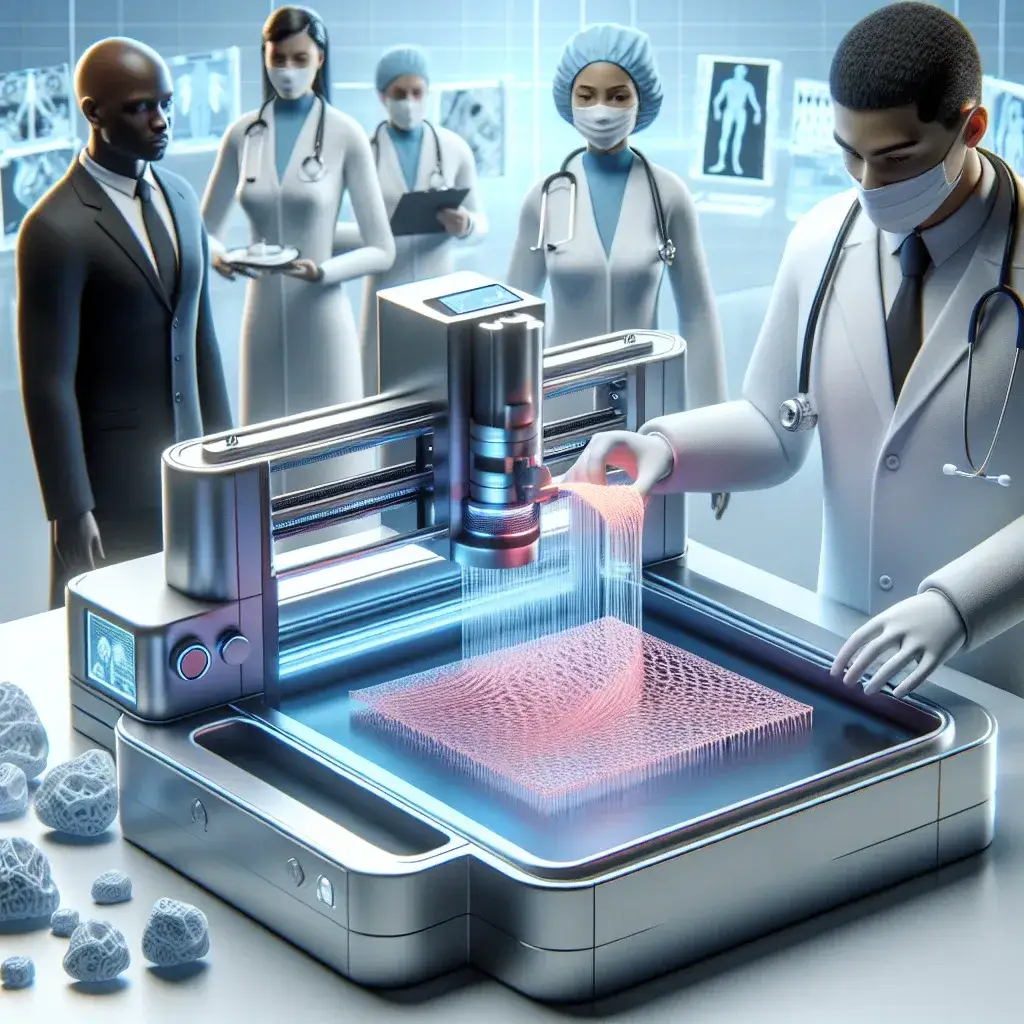"3D bioprinter creating patient-specific tissue for surgical repair, showcasing advanced bioprinting technology and its application in personalized medicine."