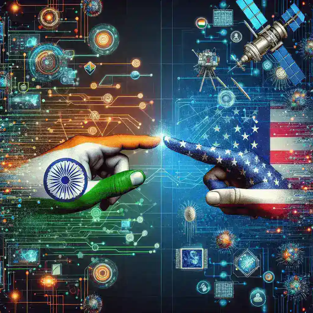 "Infographic illustrating the India-U.S. iCET Initiative, highlighting key areas of critical and emerging technology collaboration between India and the United States."